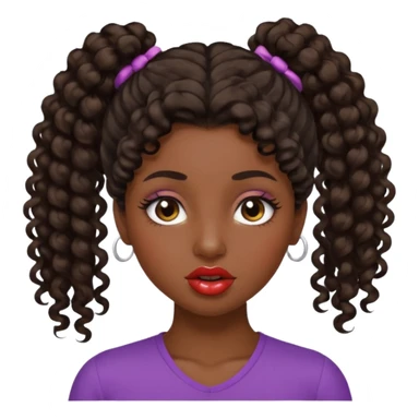 emoji sucking its lips in with one eyebrow up and the other one down dark skin and curly hair in one ponytail with eyelashes up to her hair sticker