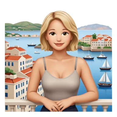 jennifer lawrence, leaning on a balcony with a harbor and cityscape in the background, smiling, closeup sticker