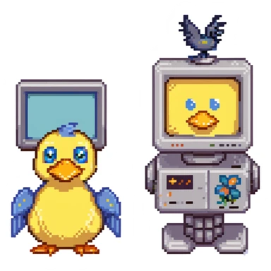 pixel art style, 16-bit retro game look, smiling CRT monitor robot with small arms, standing beside playful yellow duck with big eyes, orange beak, fluffy feathers, blue bowtie, pixel gradient sky and clouds in background, warm, cheerful, clean pixel lines, isometric or side view sticker
