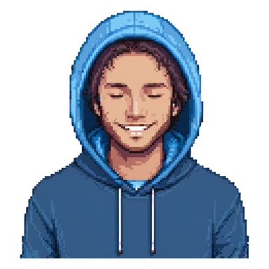 pixel art of a man with a blue hoodie, smiling and blinking, close-up face, simple background sticker