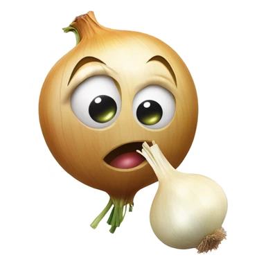 An emoji of a cute anthropomorphic onion kissing a smiling garlic clove on the cheek.  sticker