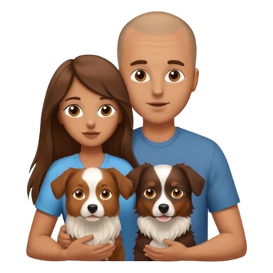 Man with shaved head holding woman with very long brown hair and one Aussie dog sticker