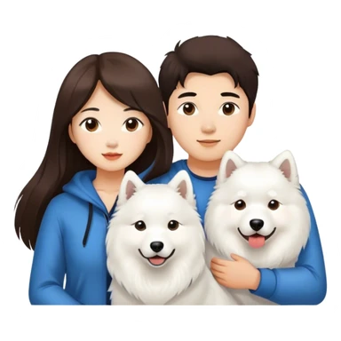 Long hair brunette asian girl and brunette Asian male couple with a Samoyed . Only 2 people and a dog   sticker