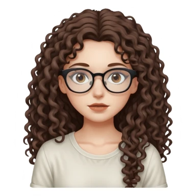 aesthetic white girl with cool colored brown, very long curly hair, she wears an offwhite top and her eyes are black , and wears thin small square glasses sticker