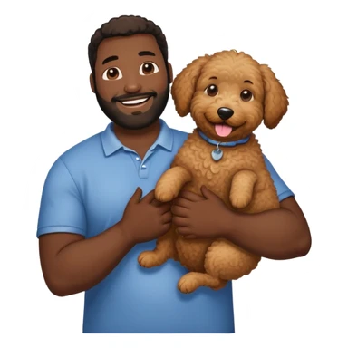 a groodle dog being held by a big black guy sticker