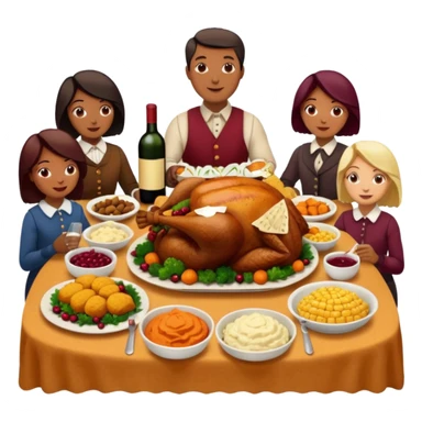 Thanksgiving Dinner with 10 people of different skin color around the table; have the food be a cooked turkey, mashed potatoes, corn, a basket of biscuits, a small bowl of cranberry sauce, baked yams, steamed vegetables, and a bottle of wine. sticker