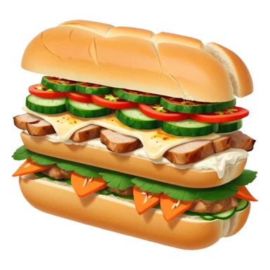 make it cute, chibitraditional banh mi with char grilled pork


    Very crusty baguette

    Mayo 

    Pickled carrot 

    Cucumber, coriander/cilantro, green onion, chilli 
 sticker