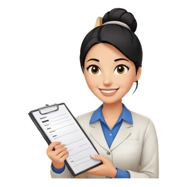 A smiling female middle-aged warehouse manager with black eyes and half up bun black hair, holding an inventory list，without background sticker