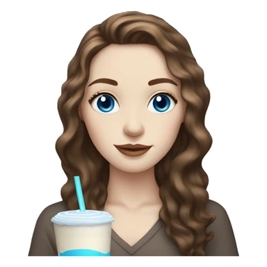 Pale skin women with brown wavy hair and blue eyes drinking ice latte  sticker