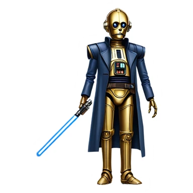 tarnished undercover tough well-equipped Jedi  life-sized darkblue-pearl C3po as a friendly droid wearing a leather clothing old west duster coat holding light saber sheriff sticker
