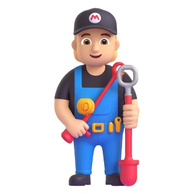 Plumber wearing a black t-shirt in 3D emoji style, microsoft style 3d fluent emoji with smooth shading and vibrant colors. sticker