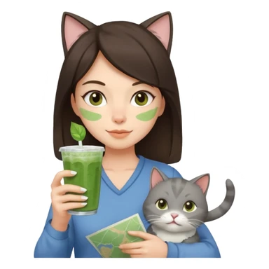 a brunette woman in here 30S drinking an iced matcha, carrying a grey cat and a map of the world sticker