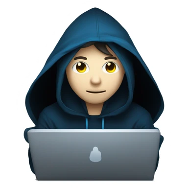 Man developer behind his laptop with this style : Alan Walker Singer neon glowing bright blue character blue black hooded hacker themed character sticker