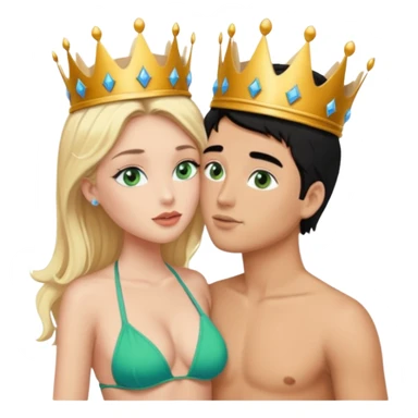 Blonde Queen with crownGreen eyes in Bikini kissing Male subject without crown black hair blue eyes Background Castle  sticker