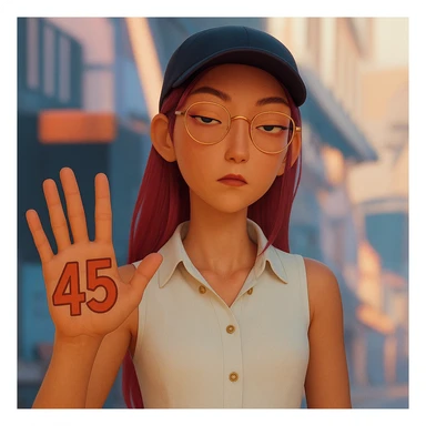 Make the character hold the number 45 in their left hand, keeping the original style and pose. Only add the number 45, do not change anything else. sticker
