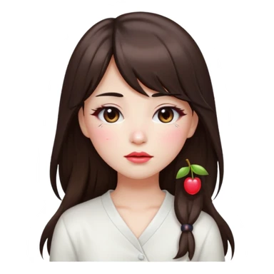 “japanese style Emoji brunette girl long hair with side bangs white top, dewy skin, heavy blush across cheeks and nose bridge, glossy cherry lips, soft eyeliner, teary sparkling eyes sticker
