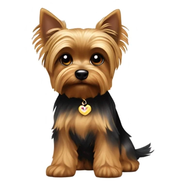A small Yorkshire Terrier with a rounded head, perky triangular ears, large dark brown eyes, a small black nose, and silky fur in golden brown around the face and legs with black on the back, often styled with a top bow or hair tie sticker