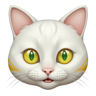 Realizar emoticonon de gato blanco con tonos gris claro solo carita sonriendo muy feliz ojos grandes de color verde con amarillos sus hijos  y bigotes largos  sticker
