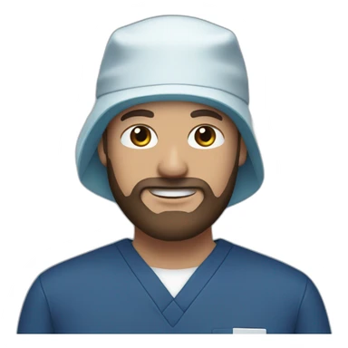White man with brown beard and brown eyes wearing a surgical cap and mask with navy blue scrubs sticker