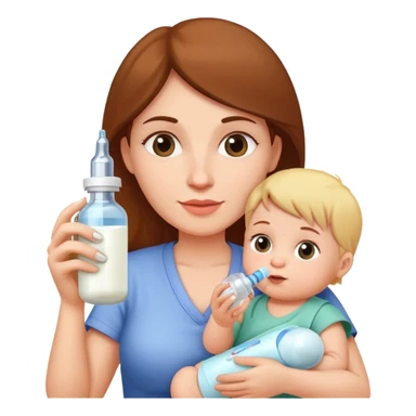Mother holding a baby bottle with milk and a vaccine syringe sticker