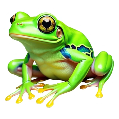 Cinematic Noble Green Tree Frog Portrait Emoji, Poised and alert, with a compact, vibrant body clad in bright, glossy green skin accented by delicate, sticky toe pads and large, bulging, observant eyes, Simplified yet sharp and sophisticated features, highly detailed, glowing with a soft, verdant luminescence, high shine, intelligent and sprightly, stylized with an air of tropical elegance, focused and attentive, soft glowing outline, capturing the essence of a watchful and confident amphibian that appears ready to leap out of the screen with effortless agility! sticker