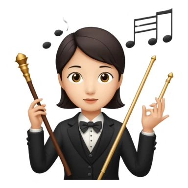 asian Create a sophisticated and elegant emoji that represents orchestration and arrangement. The design should feature a conductor’s baton, musical notes, and a symphonic score, symbolizing the process of arranging and orchestrating music. Incorporate instruments like a violin, trumpet, sticker