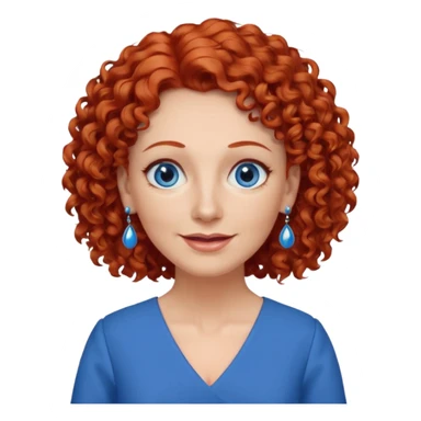 una profesora mayor simpática con el pelo rojo rizado, ojos azules, vestido azul y pendientes azules hablando sticker