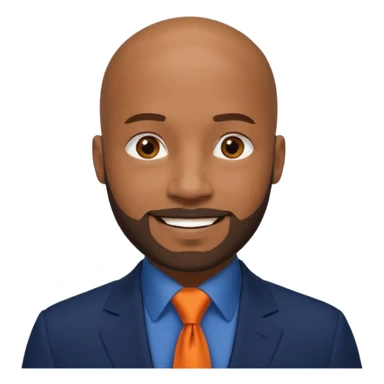 headshot of a sophisticated, stylish, bald head, smiling Caribbean black man with a beard and goatee in a navy blue suit, orange tie sticker
