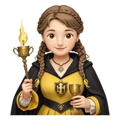 Helga Hufflepuff,the Hogwarts founder of Hufflepuff,brown-haired,2braids,yellow-black medieval dress with black cloak decorated with gold braiding,flickering magic wand and tiny two-handled shiny gold cup engraved with the badger silhouette,very kind smile,curvy busty sweet sticker