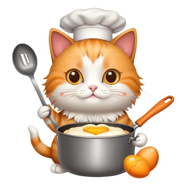 a cat holding a cooking pan with double heart-shaped eggs sticker