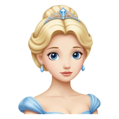 Cinematic Elegant Cinderella Portrait Emoji, rendered in a realistic, vector-style with minimal shading and bold, simplified shapes. Depict Cinderella in her classic ball gown (chest and above) with fair, porcelain skin and elegantly styled blonde hair, her eyes soft and kind, and her expression serene and graceful. The design glows with a gentle, enchanting radiance and high shine, capturing the timeless beauty of a fairy tale princess. sticker