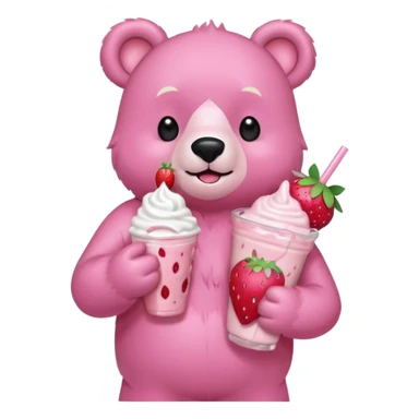 A pink bear is holding a strawberry and drinking a strawberry milkshake 
transparent background 
the style should be a teenager's hand-drawn, 2D, 2020s Japanese character-like sticker