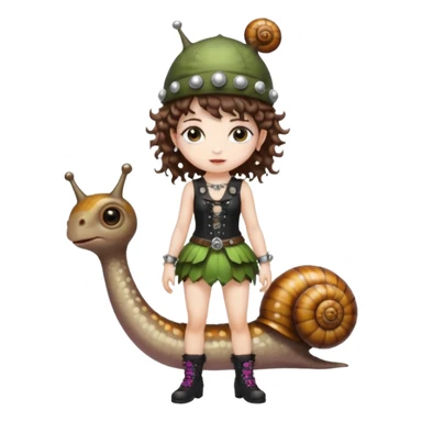 full body woman short curly brown mullet hair brown eyes white skin wearing punk fairy outfit and snail shell hat sticker