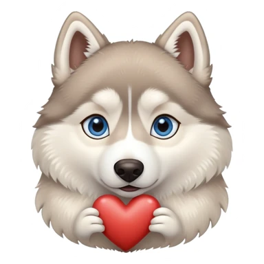 Beige husky with blue eyes holding a brown heart sticker