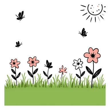 spring theme with blooming flowers, green grass, butterflies, and sunshine in pastel colors dd9fb0, ffc6d3, a3bfc9, c4bee2, f1b091, detailed hand-drawn doodle style sticker