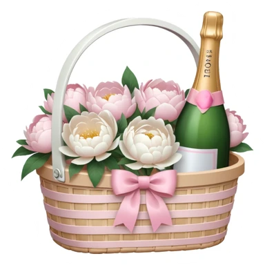 White Picnic basket with light pink bow and white peonies and a pink champage bottle inside sticker