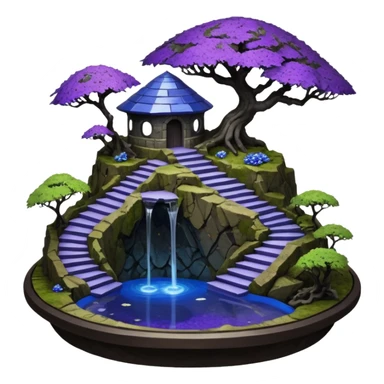 Crashed Alien saucer pool-castle jungle winding staircase  mountainside getaway haunted nighttime landscape antique mudman very old broken cracked intricate Stone Age lapis-crusted irregular dodecagon-shaped shallow dark moss rough bark violet flowered maple tree bonsai sticker