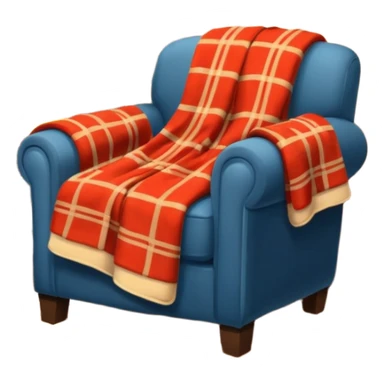 Armchair with blanket draped over the arm and glowing fireplace beside it sticker