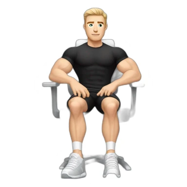 Pale skinned Fit Man With the biceps and dark brown hair in black shirt, gray sports shorts and white Sneakers Sitting on a chair sticker