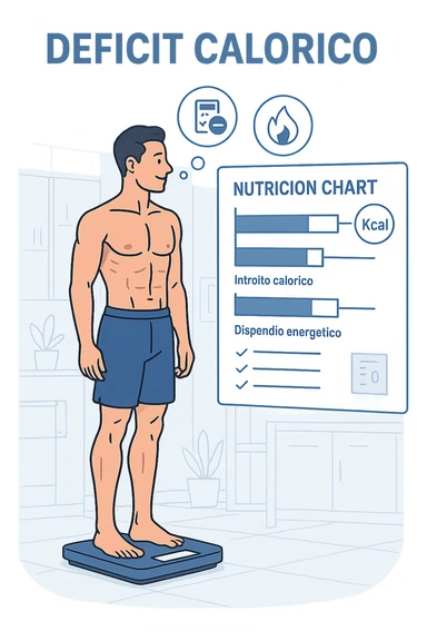 a man stands on a digital scale, looking at a nutrition chart that shows his daily calorie intake is lower than his energy expenditure. Floating icons above his head display a negative calorie balance, and his body appears slightly leaner, with visible muscle definition. The background is a modern clinic, emphasizing the concept of caloric deficit. scritto in italiano sticker