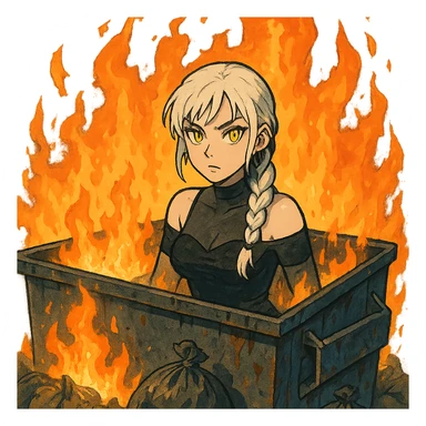 she is poking out from a garbage dumpster, fire, garbage fire, everything is on fire, a closeup portrait of young woman with gold yellow eyes, white hair, long braid, black off-shoulder top d-cup, punk gothic style, futuristic cyberwave cyberpunk, sticker