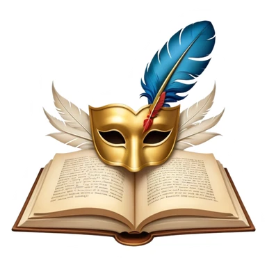 An icon featuring an open book with flowing pages, a feather quill, and classic literary symbols like a theater mask and inkwell. The design includes a subtle parchment background with faint text lines, symbolizing the study of literature. Transparent background emphasizes creativity and analysis. sticker