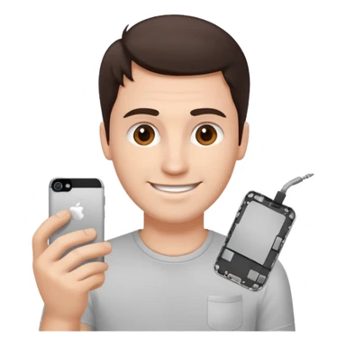 make a white guy with dark brown hair, with a simple white o grey shirt, repairing an iphone, un tecnico happy sticker