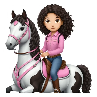 Realistic mixed race girl with long dark brown curly hair, riding a big black and white draft horse, wearing pink harness and saddle  sticker