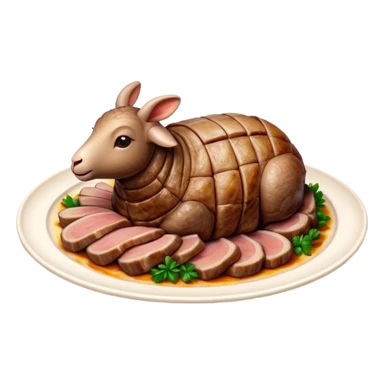 Roast Lamb Cinematic Realistic Roast Lamb Dish Emoji, depicted as thinly sliced roast lamb arranged artfully on a plate, rendered with rich textures and warm, inviting lighting. sticker