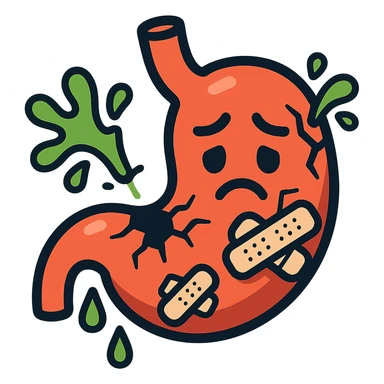 cartoon icon of a stomach character with cracks or holes, sad face, acid splashes, bandages, cute but informative medical style sticker