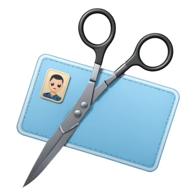 Floating black Scissors cutting a light blue military ID card in 2 parts .hyper realistic sticker