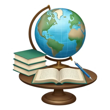 Create an emoji representing language translation. The design should feature just one globe in the background, symbolizing international communication. In front of the globe, place two opened books with texts on them and a pen nearby to indicate the act of writing. Use a clean and professional color palette with blues, greens, and neutral tones. Make the background transparent. sticker