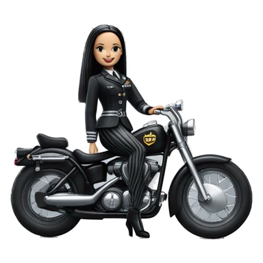 Jeffery New York Lingerie Barbie, Wednesday Addams from academy in vertically-striped dark-gray and black officer’s uniform. Leaning back at the hips, riding a wheelie on a hot rod bike smiling  sticker
