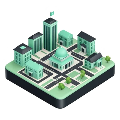 Collectivités Territoriales (Local Authorities), 3D techy icon with black and mint green (#B5F4D3) color scheme, regional map with administrative buildings sticker